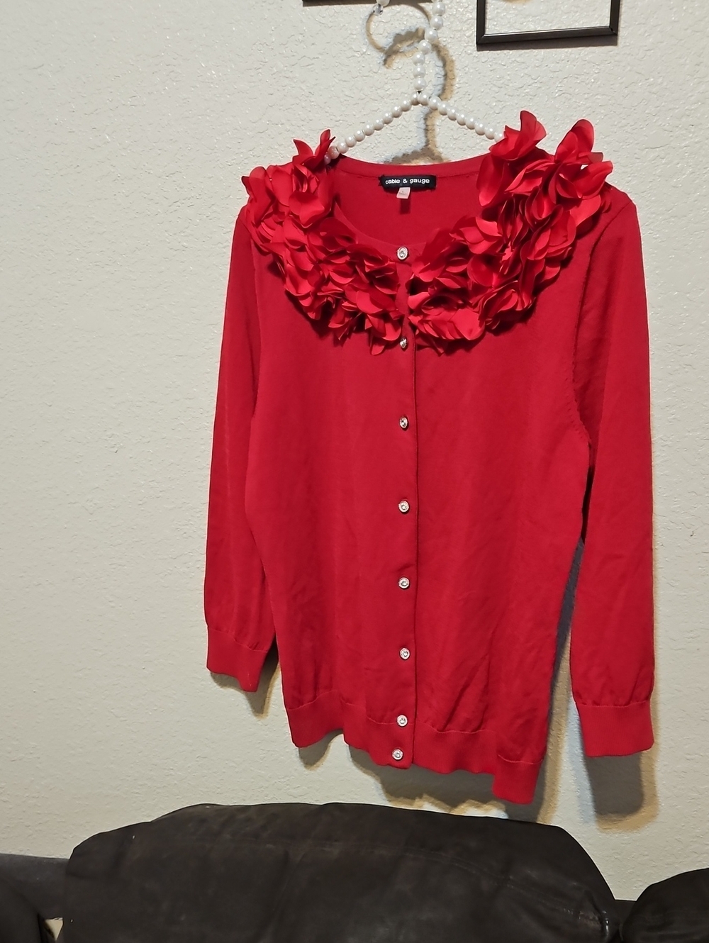 Cable & Gauge Red Ruffle Collar Cardigan
